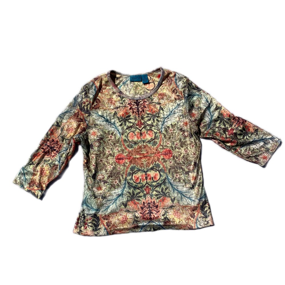 Y2K tapestry print Faux velvet tropical print blouse Medium